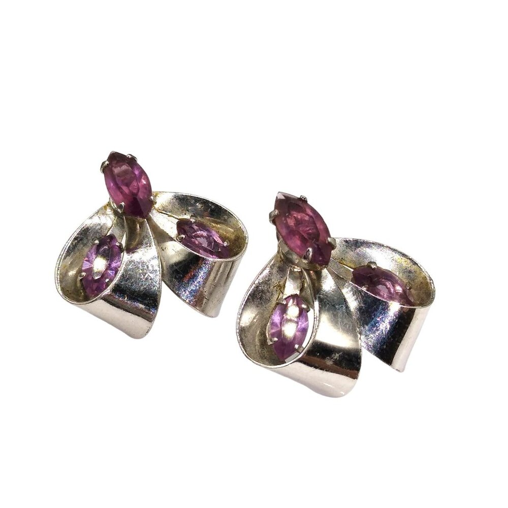 Vintage Sterling Silver Earrings, Marquise Purple Crystals, Screw Back Art Deco